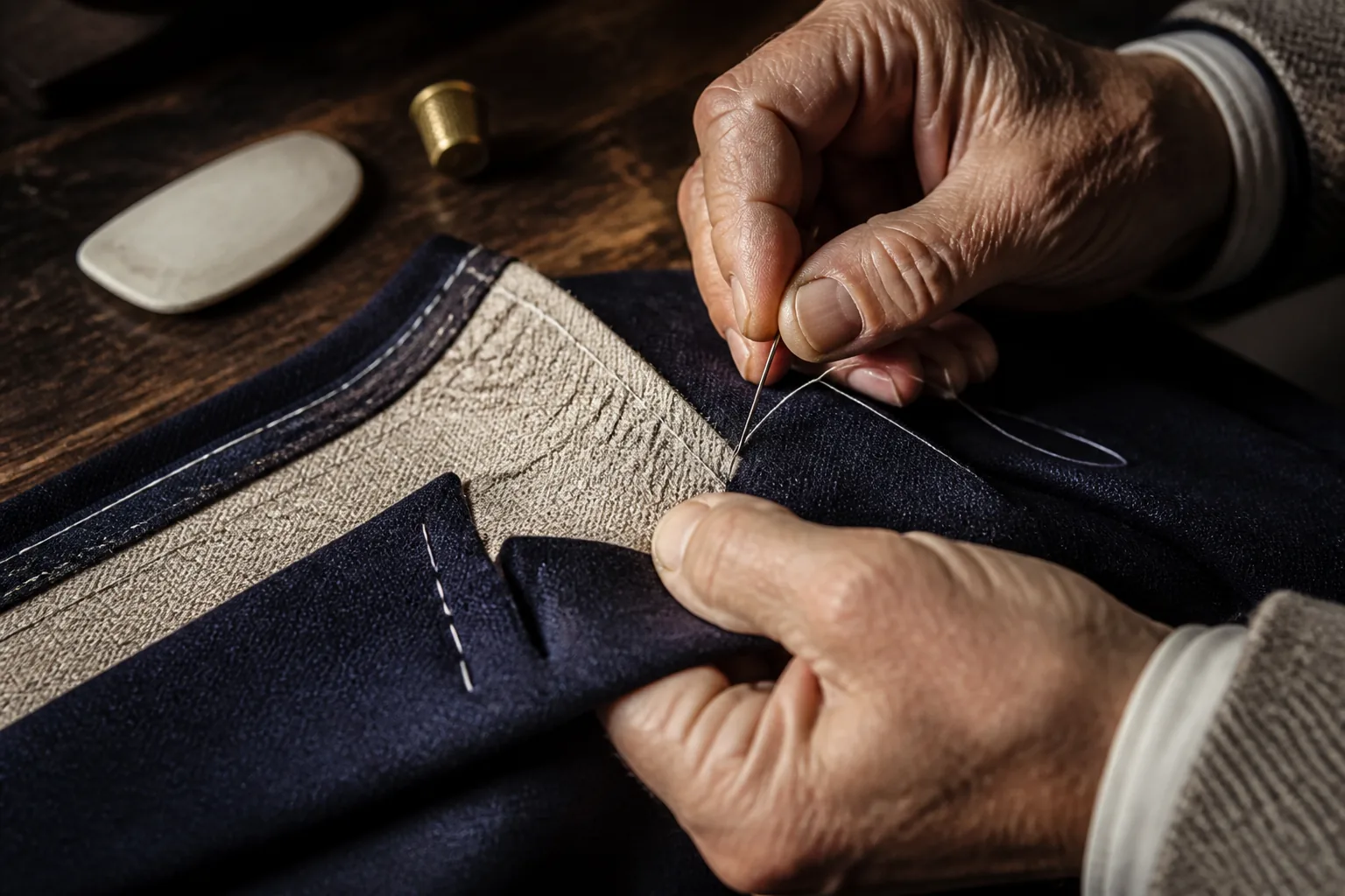 Experienced hands pad-stitching a peak lapel